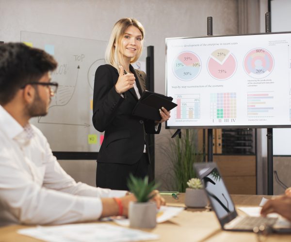 Beautiful confident businesswoman lady, showing her financial ad sales report on big digital screen Beautiful confident businesswoman lady, showing her financial ad sales report on big digital screen